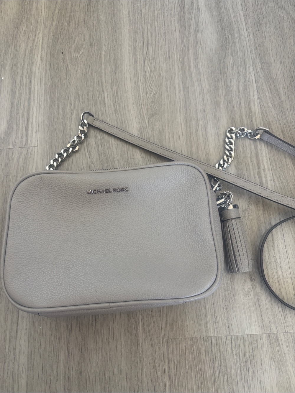 MICHAEL KORS Gray Pebbled Leather Crossbody with Tassel and Chain Strap